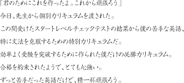 「君のためにこれを作ったよ。これから頑張ろう」今日、先生から個別カリキュラムを渡された。この間受けたスタートレベルチェックテストの結果から僕の苦手な英語、特に文法を克服するための特別カリキュラムだ。効率よく受験を突破するために作られた僕だけの必勝カリキュラム。合格を約束されたようで、とても心強い。ずっと苦手だった英語だけど、精一杯頑張ろう。