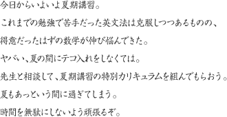 今日からいよいよ夏期講習。これまでの勉強で苦手だった英文法は克服しつつあるものの、得意だったはずの数学が伸び悩んできた。ヤバい、夏の間にテコ入れをしなくては。先生と相談して、夏期講習の特別カリキュラムを組んでもらおう。夏もあっという間に過ぎてしまう。時間を無駄にしないよう頑張るぞ。